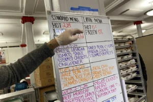 Whiteboard with meal orders written on it and a hand pointing at it