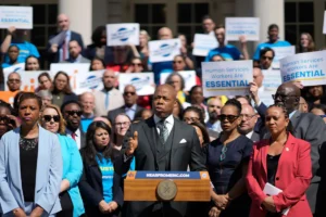 NYC Mayor Adams giving a speech in front of supporters